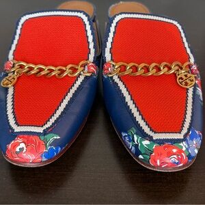 Tory Burch Leather Floral Mules Size 7 – Red & Blue, Excellent Condition